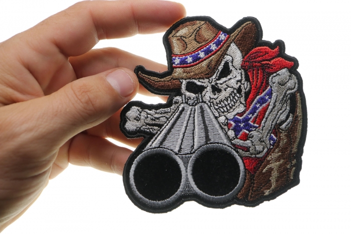 Rebel Cowboy with Shotgun Patch, Skull Patches shown on hand for size comparison