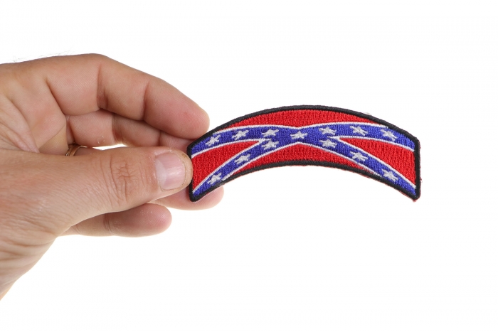 Rebel Flag Rocker Patch shown on hand for size comparison