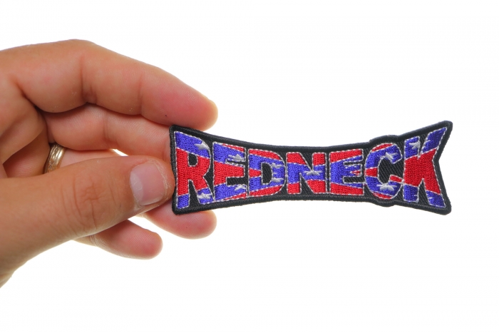 Redneck Rebel Fun Patch shown on hand for size comparison
