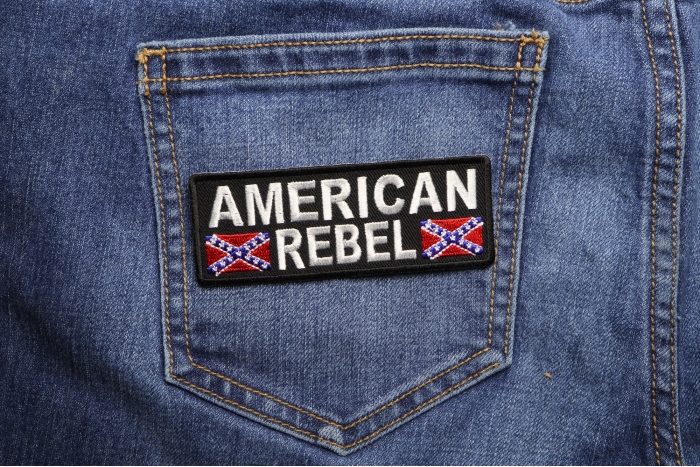 American Rebel Patch With Flags shown on jeans
