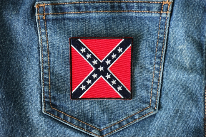 Historical Square Rebel Flag Iron on Patch shown on jeans