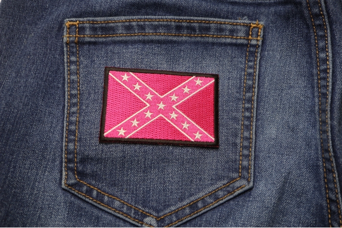 Pink Rebel Flag Patch shown on jeans