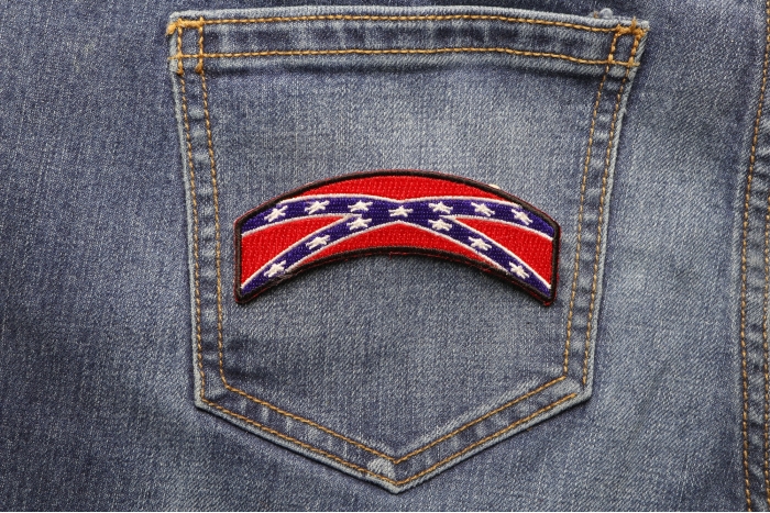 Rebel Flag Rocker Patch shown on jeans