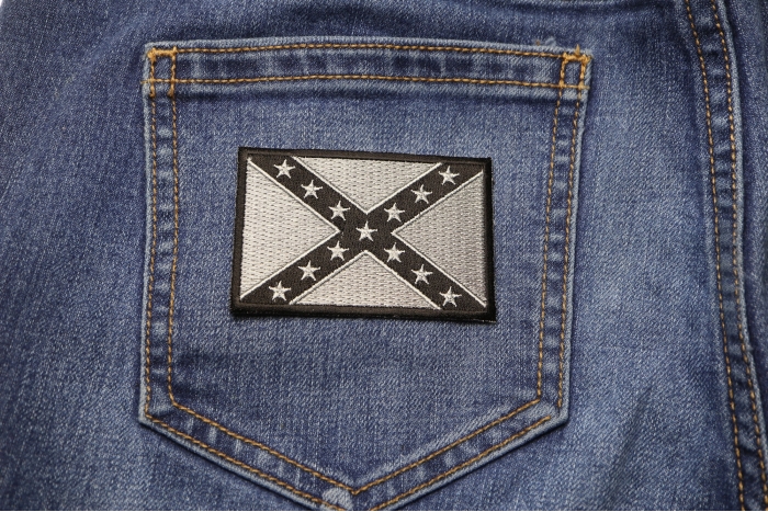 Subdued Gray Confederate Flag Patch shown on jeans