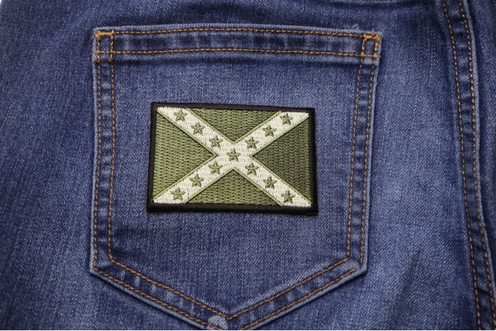 Subdued Green Confederate Flag Patch shown on jeans