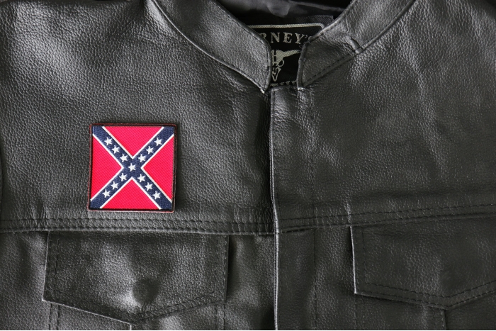 Historical Square Rebel Flag Iron on Patch - 2.5x2.5 inch - Embroidered Iron on Patch shown on leather vest