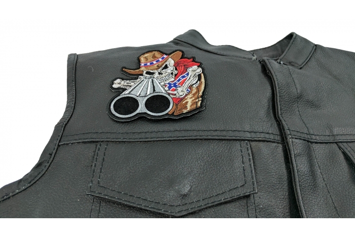 Rebel Cowboy with Shotgun Patch, Skull Patches shown on leather vest
