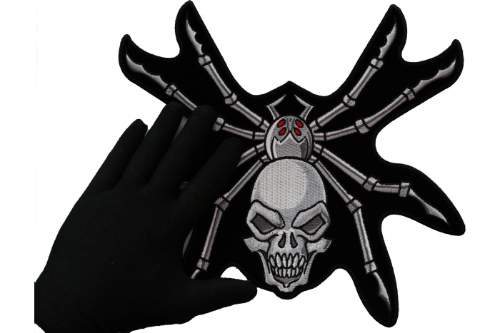 Skull Spider Patch, Large Animal Patches for Jackets shown on hand for size comparison