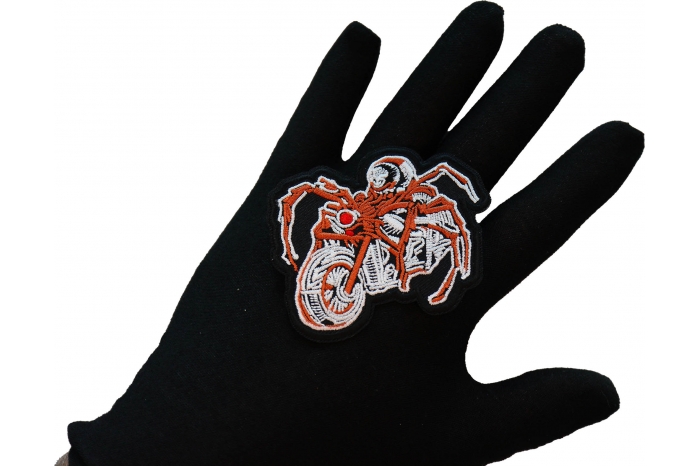 Spider Biker Patch, Motorcycle Patches shown on hand for size comparison