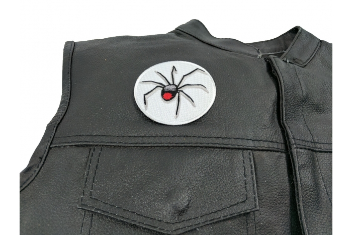 Black Widow Spider Iron on Patch - Iron on Patch - 3.5x2.7 inch shown on leather vest
