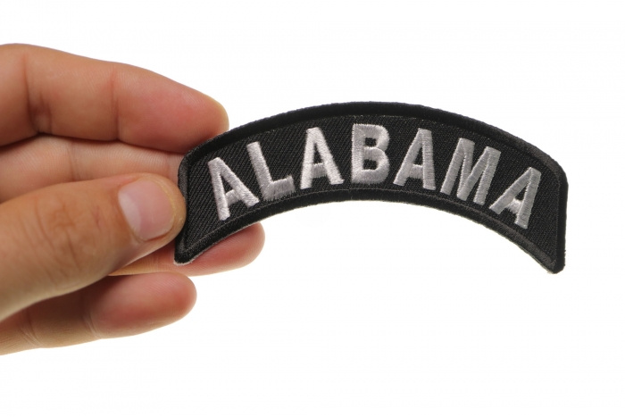 Alabama Patch Iron on State Rocker shown on hand for size comparison