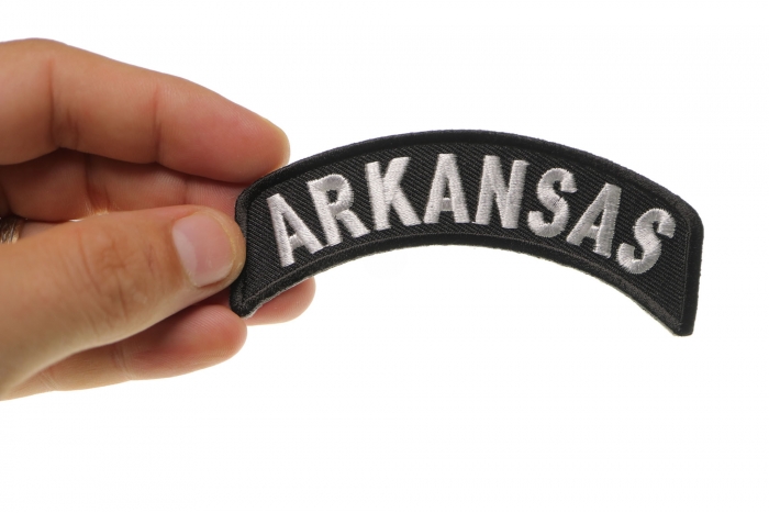 Arkansas Patch Iron on State Rocker shown on hand for size comparison