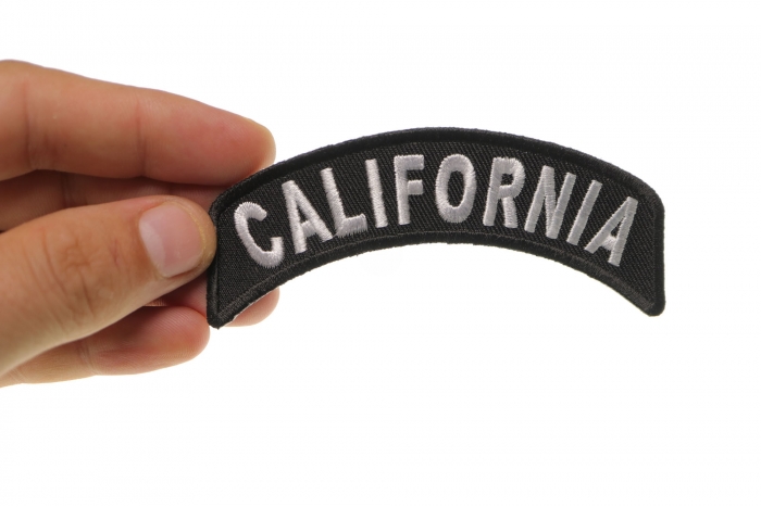 California Patch Iron on State Rocker shown on hand for size comparison