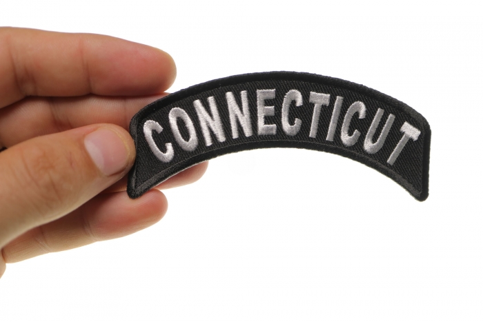 Connecticut Patch Iron on State Rocker shown on hand for size comparison