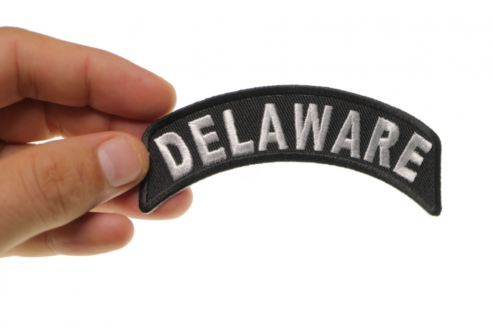 Delaware Patch Iron on State Rocker shown on hand for size comparison