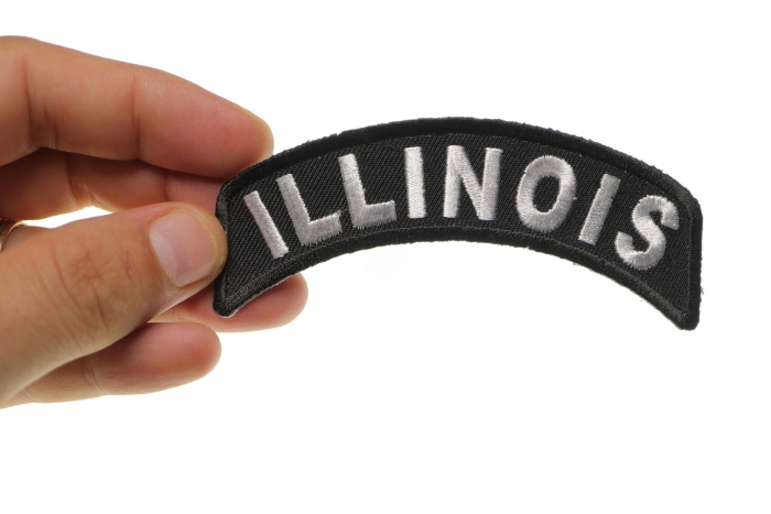 Illinois Patch Iron on State Rocker shown on hand for size comparison