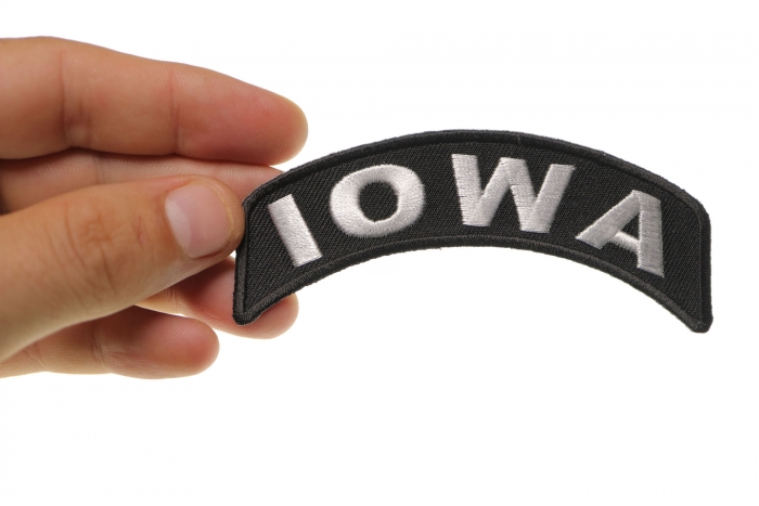 Iowa Patch Iron on State Rocker shown on hand for size comparison