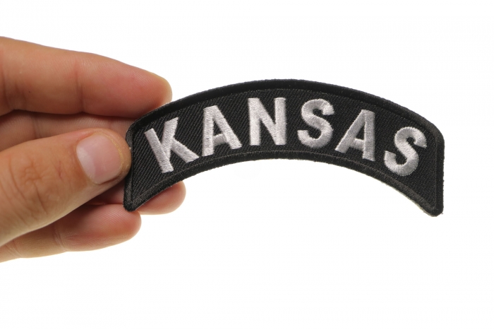 Kansas Patch Iron on State Rocker shown on hand for size comparison