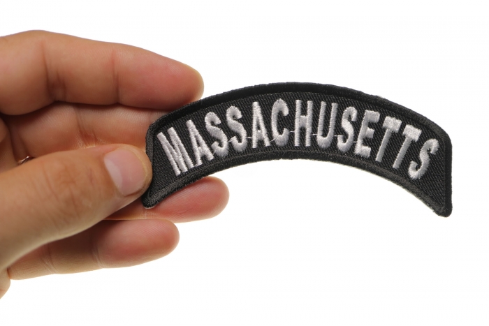 Massachusetts Patch Iron on State Rocker shown on hand for size comparison