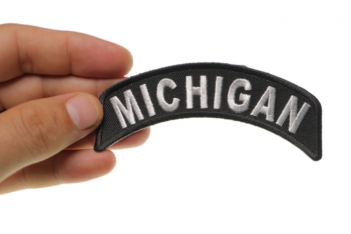 Michigan Patch Iron on State Rocker shown on hand for size comparison