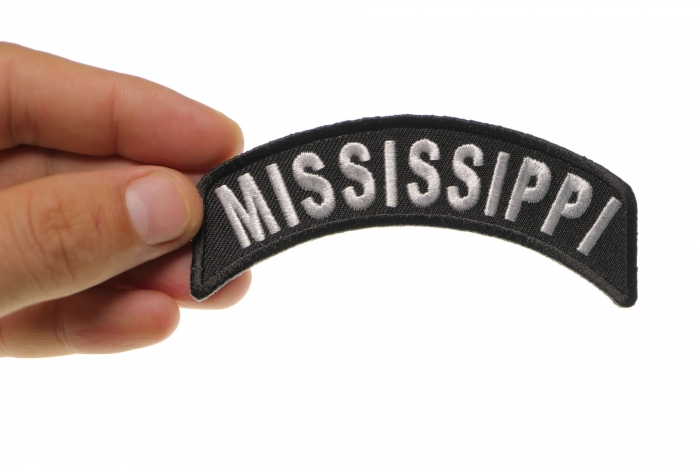 Mississippi Patch Iron on State Rocker shown on hand for size comparison