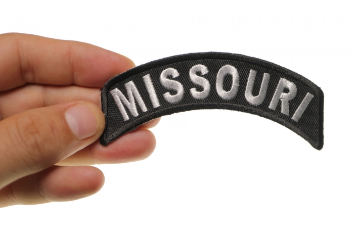 Missouri Patch Iron on State Rocker shown on hand for size comparison