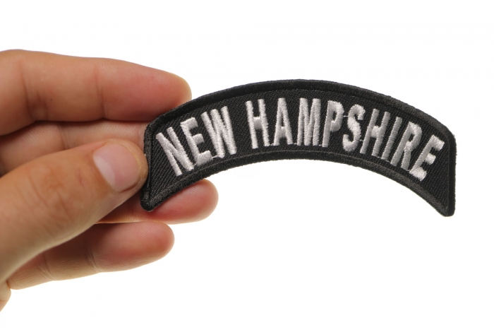 New Hampshire Patch Iron on State Rocker shown on hand for size comparison