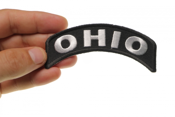 Ohio Patch Iron on State Rocker shown on hand for size comparison