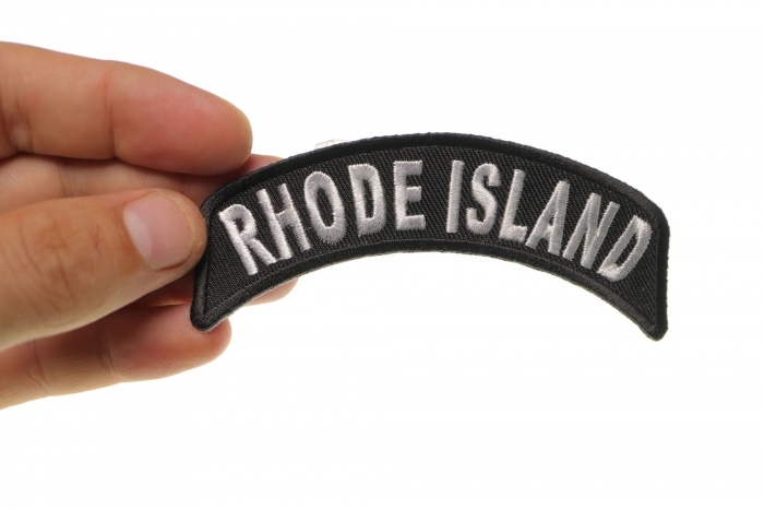 Rhode Island Patch Iron on State Rocker shown on hand for size comparison