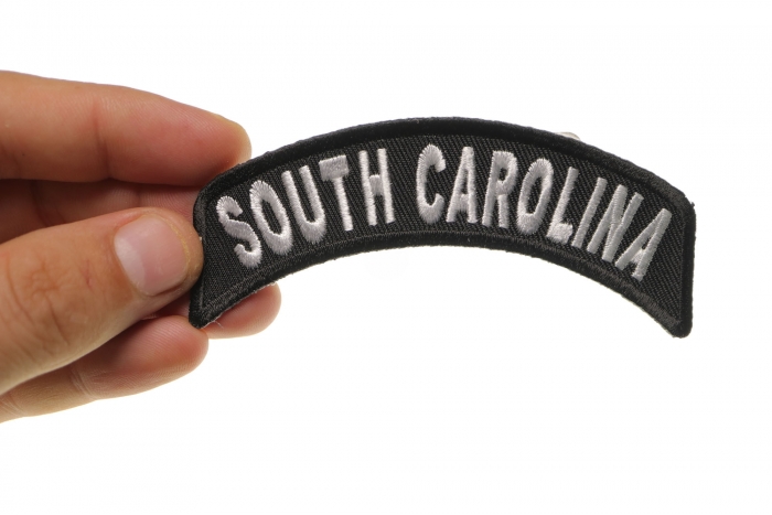 South Carolina Patch Iron on State Rocker shown on hand for size comparison