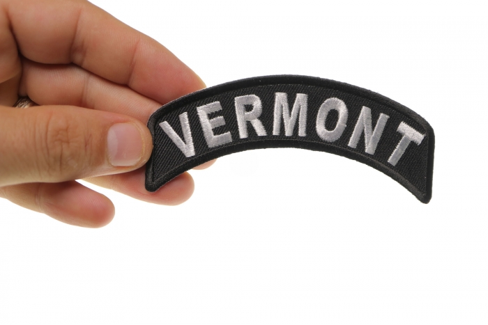 Vermont Patch Iron on State Rocker shown on hand for size comparison