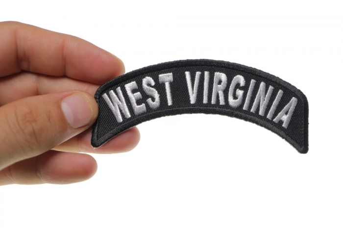 West Virginia Patch Iron on State Rocker shown on hand for size comparison