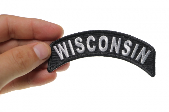 Wisconsin Patch Iron on State Rocker shown on hand for size comparison