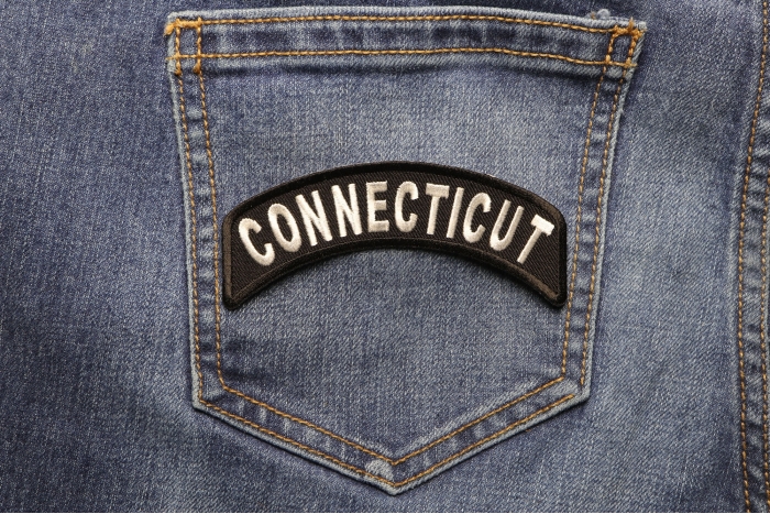 Connecticut Patch Iron on State Rocker shown on jeans