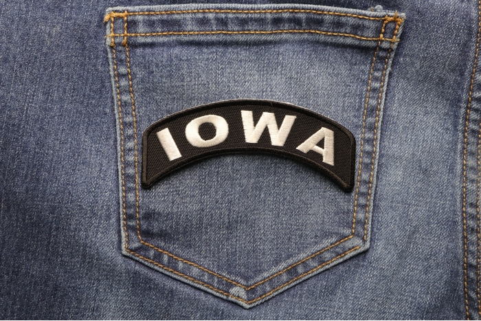 Iowa Patch Iron on State Rocker shown on jeans