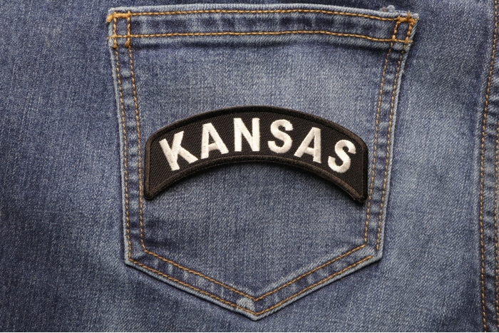 Kansas Patch Iron on State Rocker shown on jeans