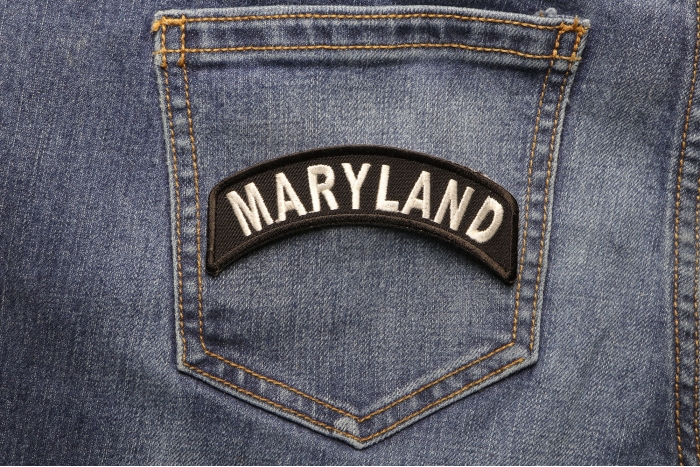 Maryland Patch Iron on State Rocker shown on jeans