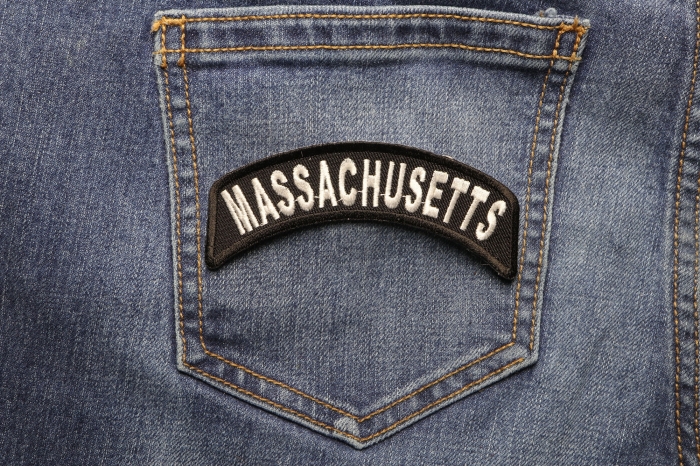 Massachusetts Patch Iron on State Rocker shown on jeans