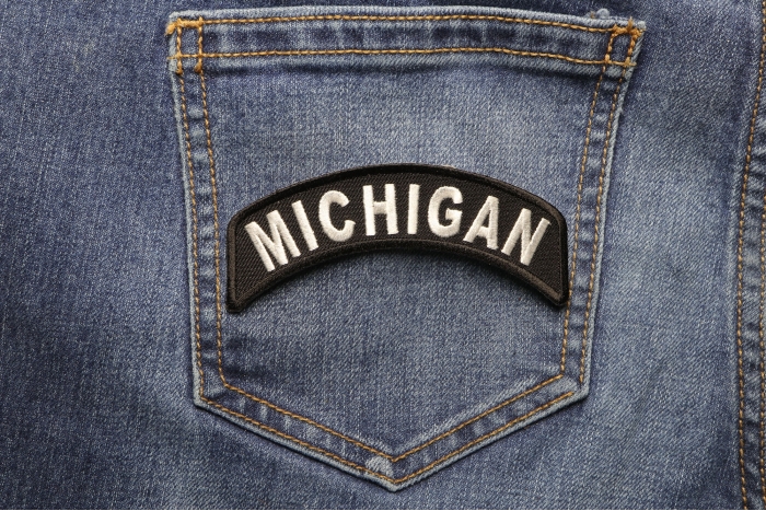 Michigan Patch Iron on State Rocker shown on jeans