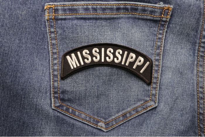 Mississippi Patch Iron on State Rocker shown on jeans