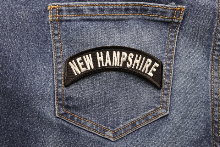 New Hampshire Patch Iron on State Rocker shown on jeans