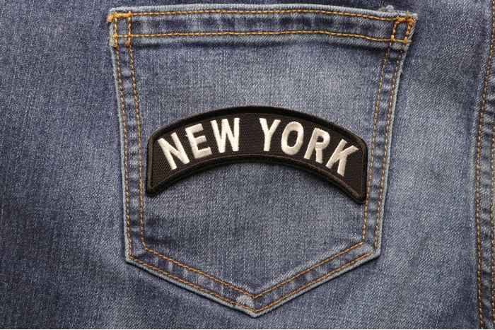 New York Patch Iron on State Rocker shown on jeans