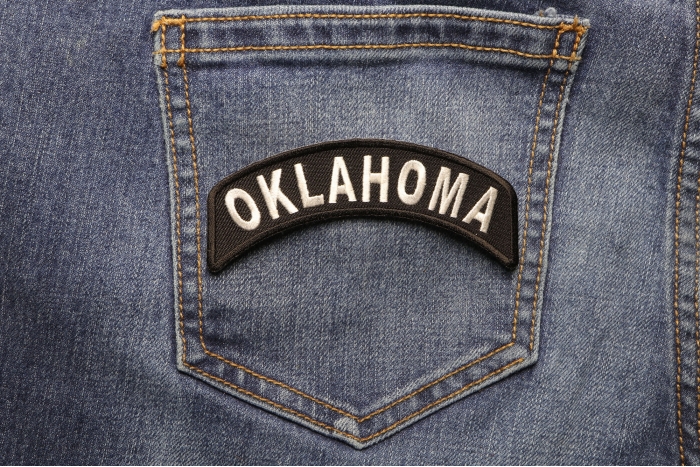 Oklahoma Patch Iron on State Rocker shown on jeans