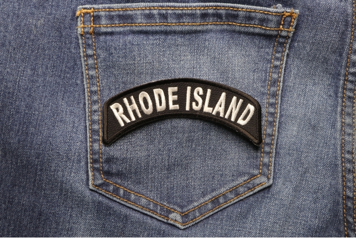 Rhode Island Patch Iron on State Rocker shown on jeans