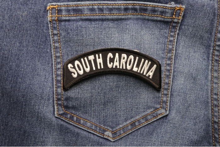 South Carolina Patch Iron on State Rocker shown on jeans