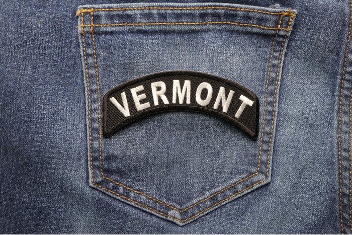Vermont Patch Iron on State Rocker shown on jeans
