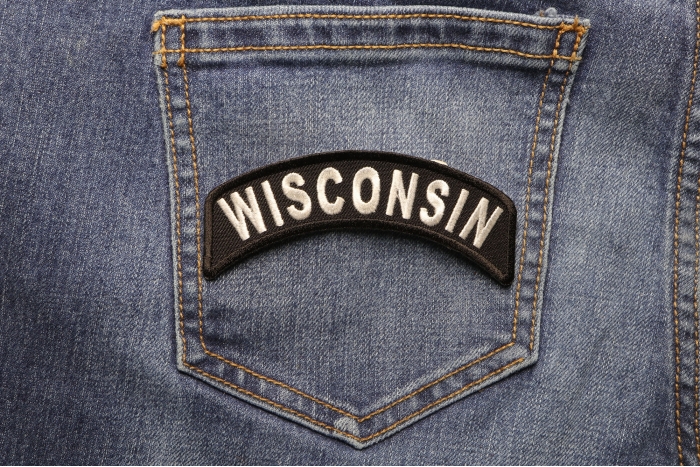 Wisconsin Patch Iron on State Rocker shown on jeans