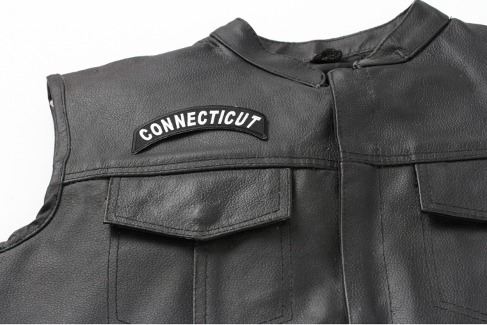 Connecticut Patch - 4x1.75 inch shown on leather vest