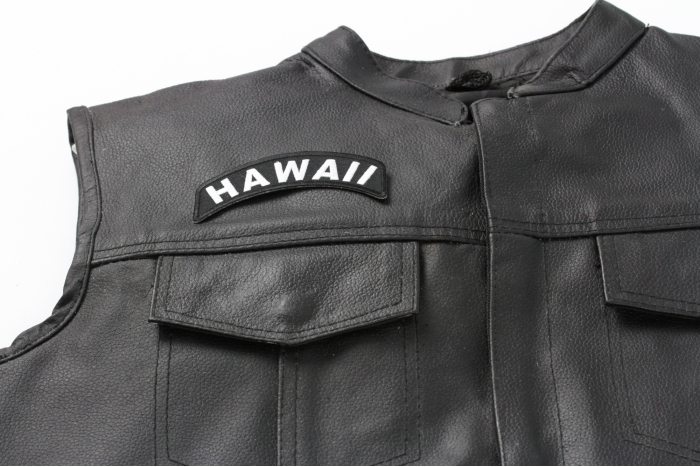 Hawaii Patch - 4x1.75 inch. Embroidered Iron on Patch shown on leather vest