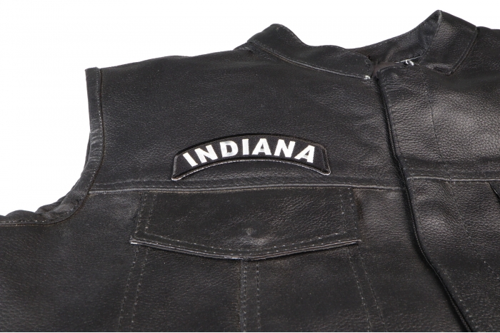 Indiana Patch - 4x1.75 inch. Embroidered Iron on Patch shown on leather vest